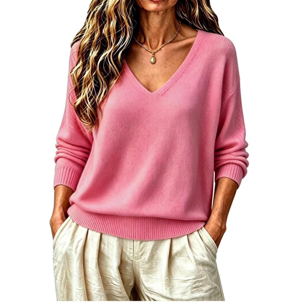 Women's V-Neck Pullover Knit Top, Loose Fit Color Casual Basic for Everyday Wear