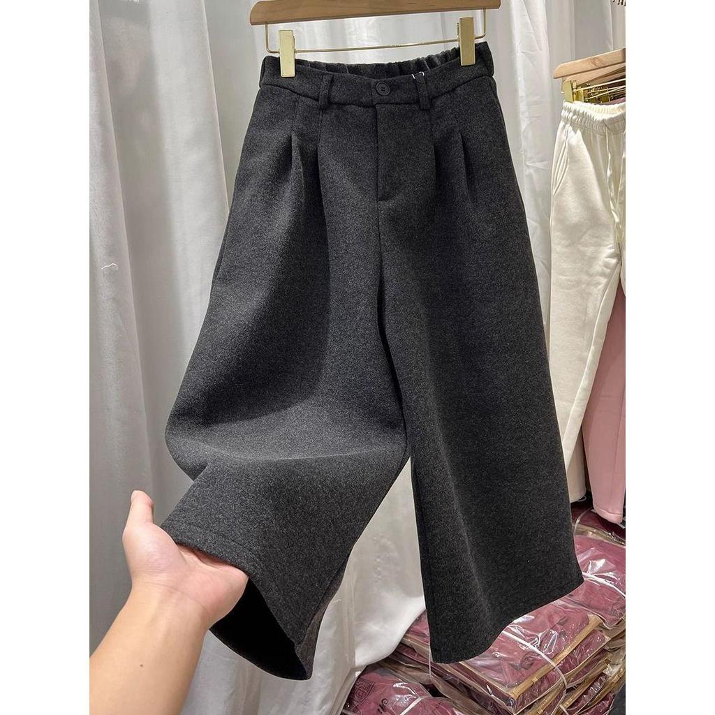 2025 Autumn/Winter High-Waisted Thick Woolen Retro Straight-Leg Wide Pants for Women
