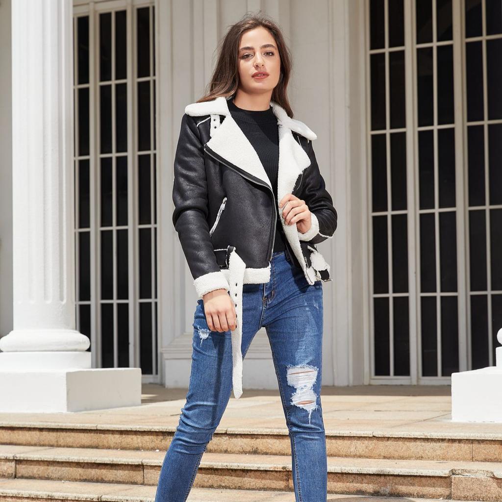 Fur and Fur Integrated Winter Jacket for Women Warm Suede Jacket European and American Leather Jacket with Waist Belt and Lapel Jacket for Women