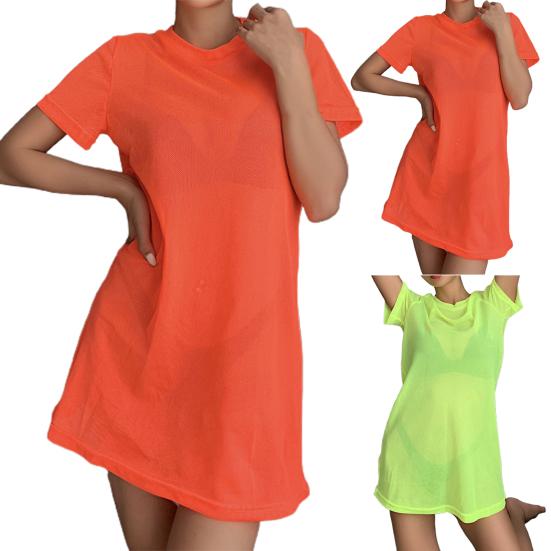 Swimsuit Cover Up Solid Color Loose See-through Pullover Beach Shirt for Holiday