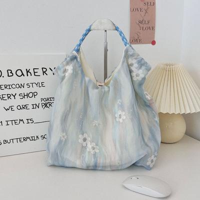 Tulle Embroidery Small Fresh Commuter Tote Bag Literary Canvas Bag Travel Vacation Shoulder Bag