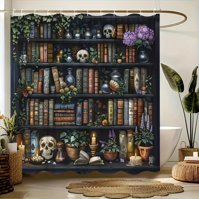 

Enchanting Antique Black Library Bookshelf Shower Curtain With Floral, Skull, And Candle Design – Halloween Decor, Polyester W60H190(CM)-1 Pcs