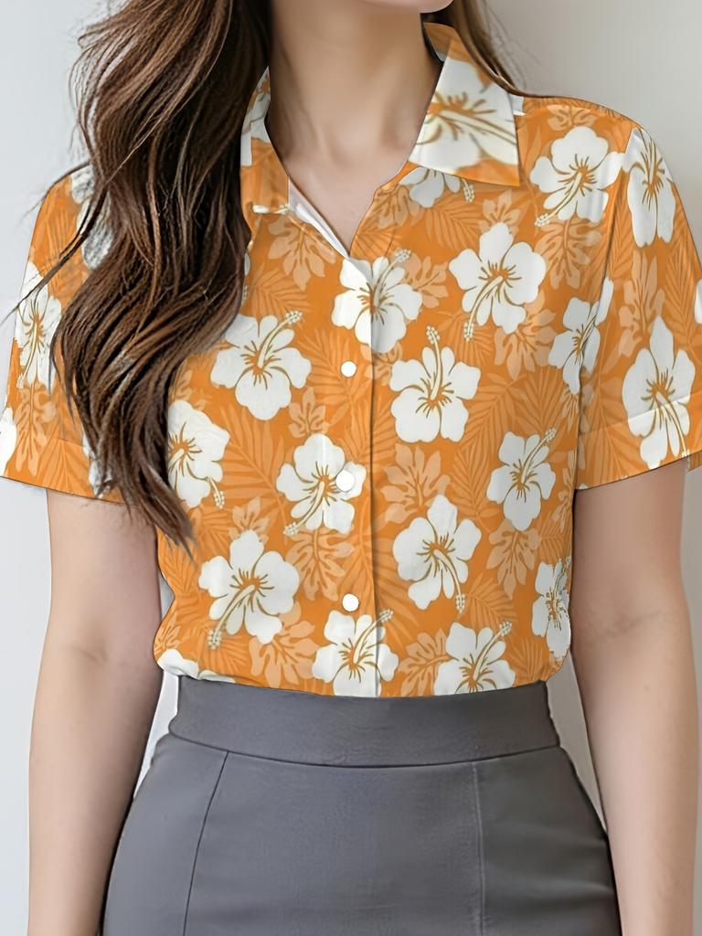 Gentle blue floral printed shirt for women, short-sleeve loose lapel design, niche vacation style top