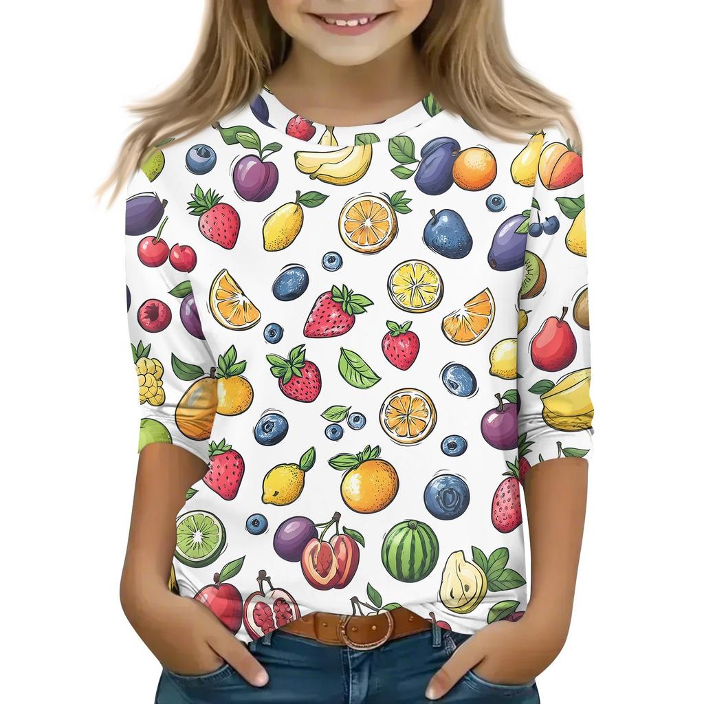 Tops à manches 3/4 pour enfants T-shirt imprimé décontracté Col rond Pull Blouse
