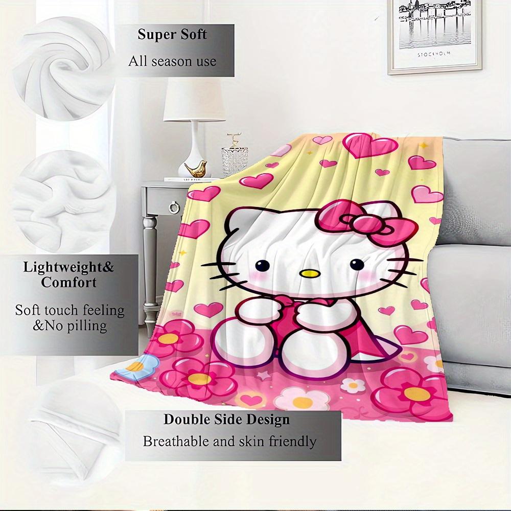 For Kitty, Hearts, FlowersAnime-Themed Flannel Blanket, Glam Style, Digital Print, All-Season Comfort, Tear-Resistant, Knitted Craftsmanship