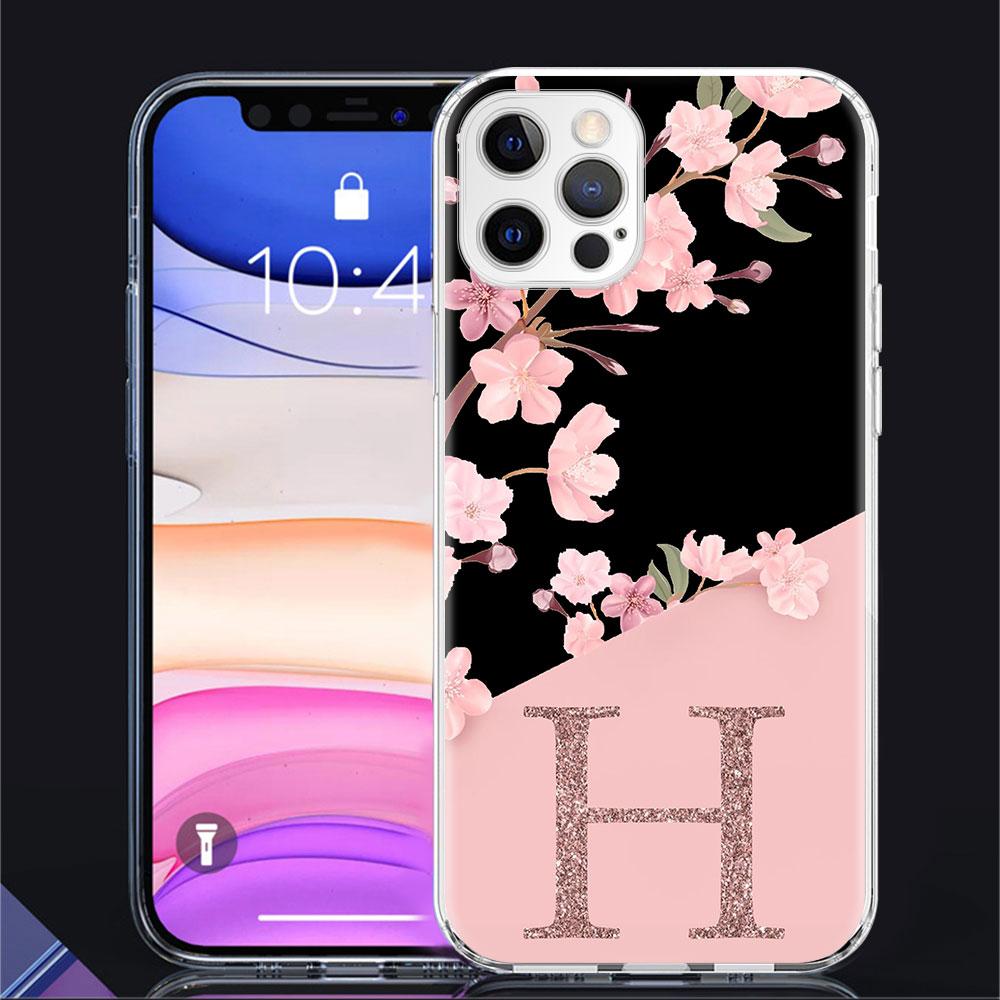 Personalisierte Kirschblüten-Anfangs-Hülle für Apple iPhone 11 13 14 12 Pro 7 8 Plus XR X XS Max 6 6S Klare Silikon-Handy-Coque