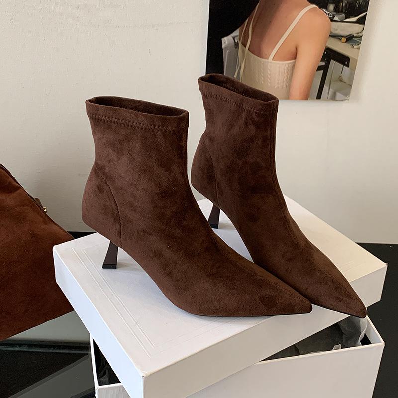 Brown Short Boots Women's  New Spring and Autumn Suede French High-heeled Ankle Boot Pointed Elastic Fashion Thin Boots