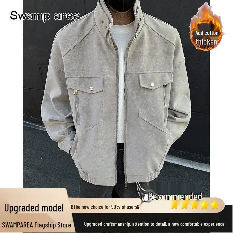 SWAMP AREA Matte Velvety PU Leather Men's Retro American Workwear Jacket - Autumn/Winter Style