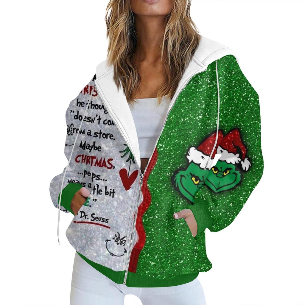 Women's Fashion Casual Christmas Print Long Sleeve Sweatshirt Pocket Jacket Zipper Hoodie Coat