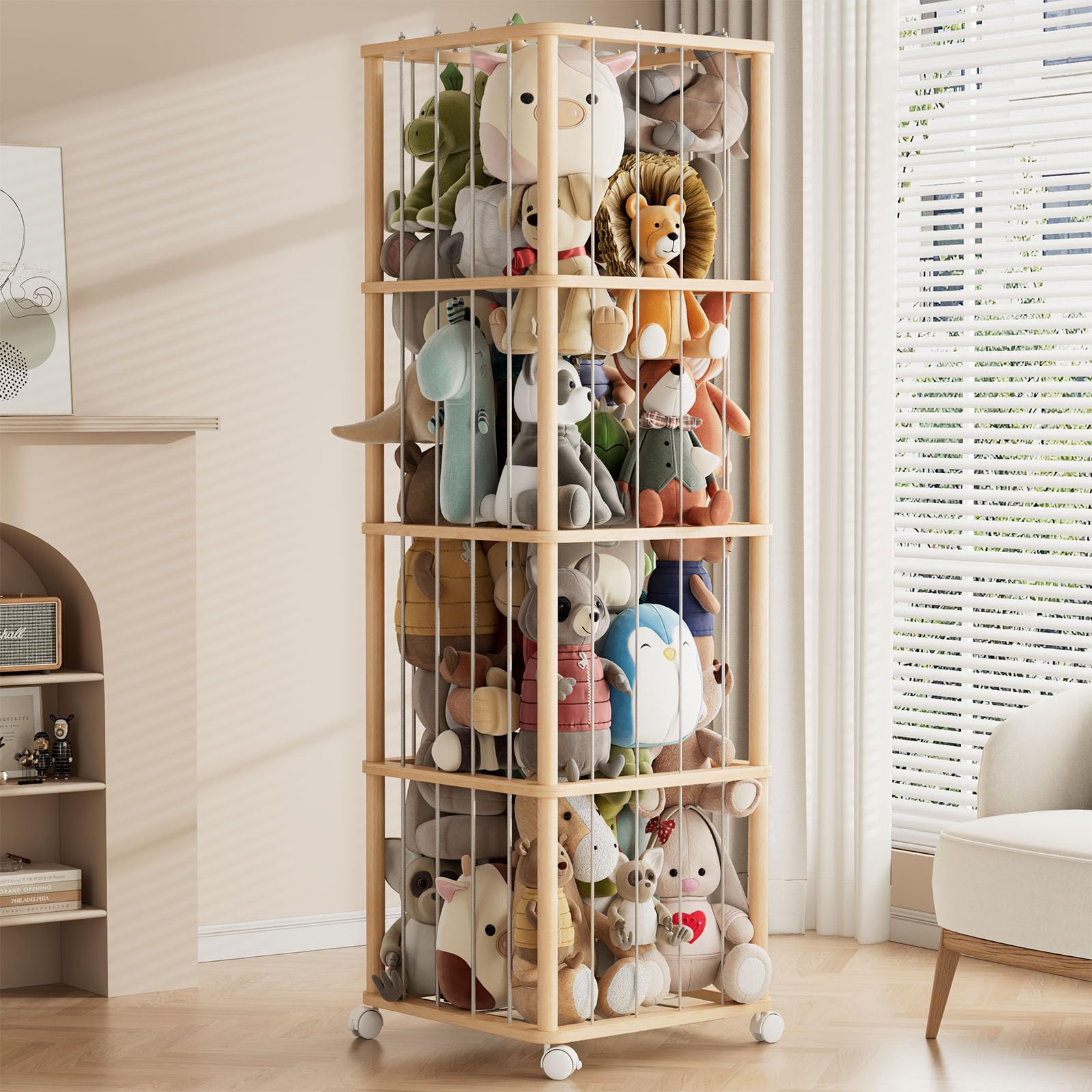 

Solid Wood Frame Stuffed Animal Storage Tower 50 x 50 x 160cm Large Stuffed Animal Rack Extendable Rope for Fall Rotating Casters No Tools Japanese