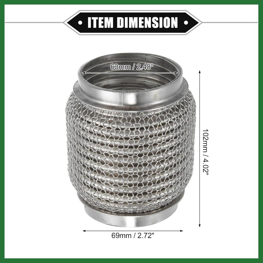 Motoforti Car Exhaust Flexible Pipe, 63x102mm 2.48"x4.02" Exhaust Flex Connector Pipes Bellows Universal for Car Durable Stainless Steel Silver Tone