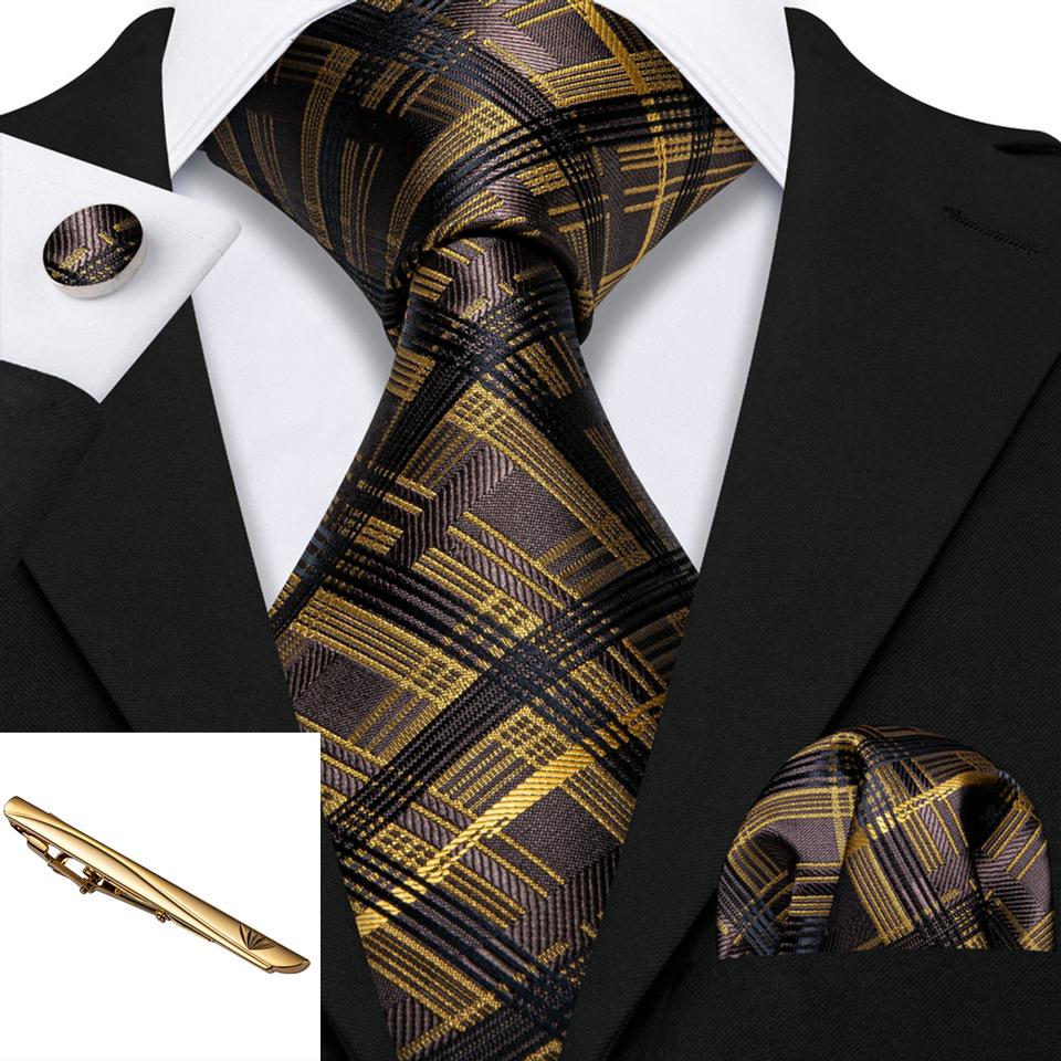 Barry.Wang Men Plaid Check Ties with Tie Bar Silk Necktie Hanky Cufflinks Gold Tie Clip Set