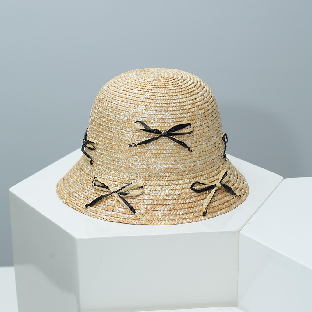 Original Design Wheat Straw Woven Bucket Hat with Bow, Breathable Sun Protection, Fashion Versatile Summer Beach Cap for Women