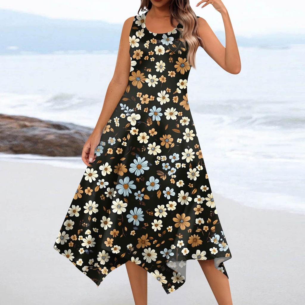 Women's Casual Fashion Round Neck Sleeveless Floral Print Irregular Hem Midi Dress