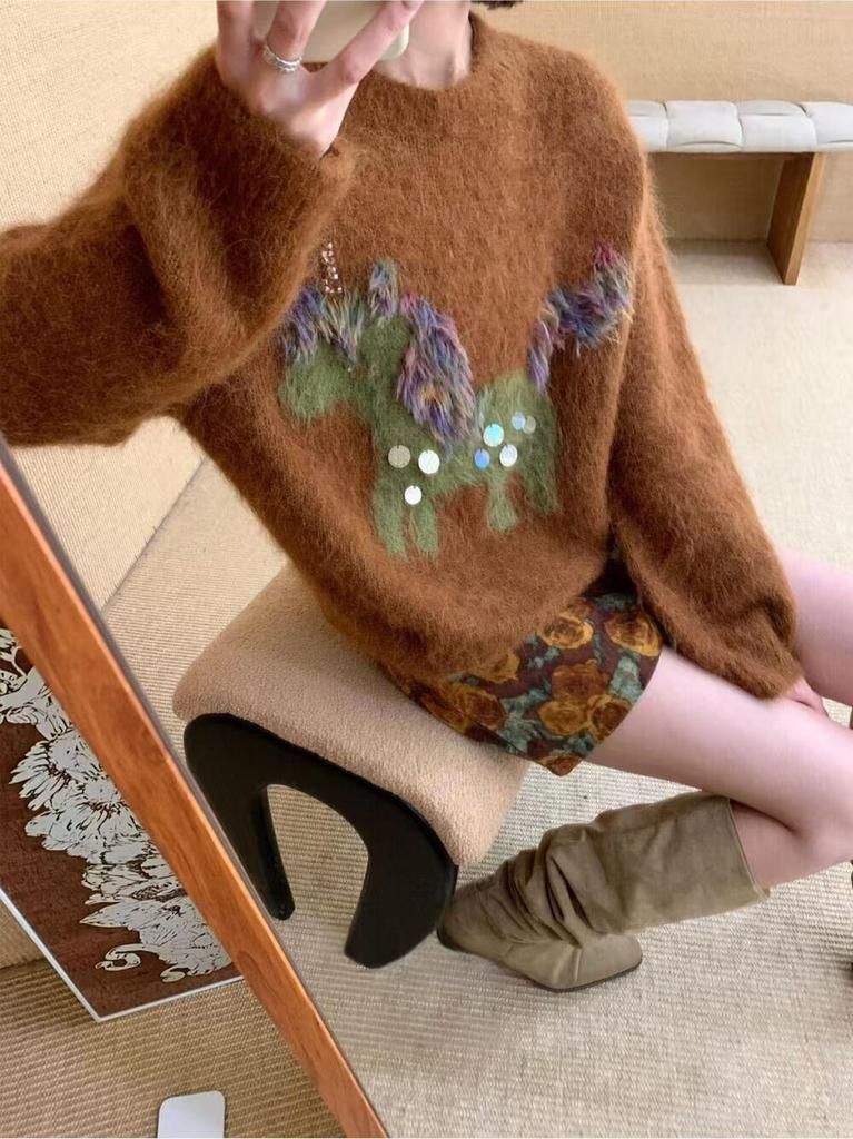 2025 Autumn/Winter Chic Korean Brown Knit Sweater with Little Horse Embroidery – Women's Soft, Loose Fit Top