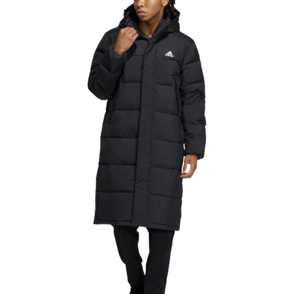Adidas Solid Color Logo Print Hooded Mid-Length Down Jacket Men Outerwear Black HZ5345