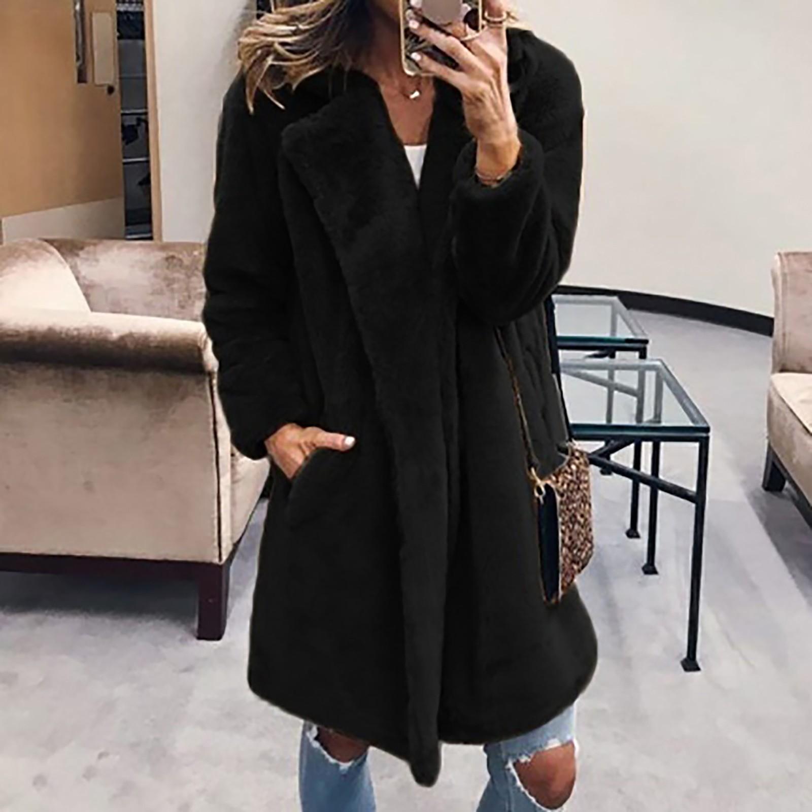 

Womens Ladies Warm Faux Coat Jacket Winter Solid Turn Down Collar Outerwear M чорний