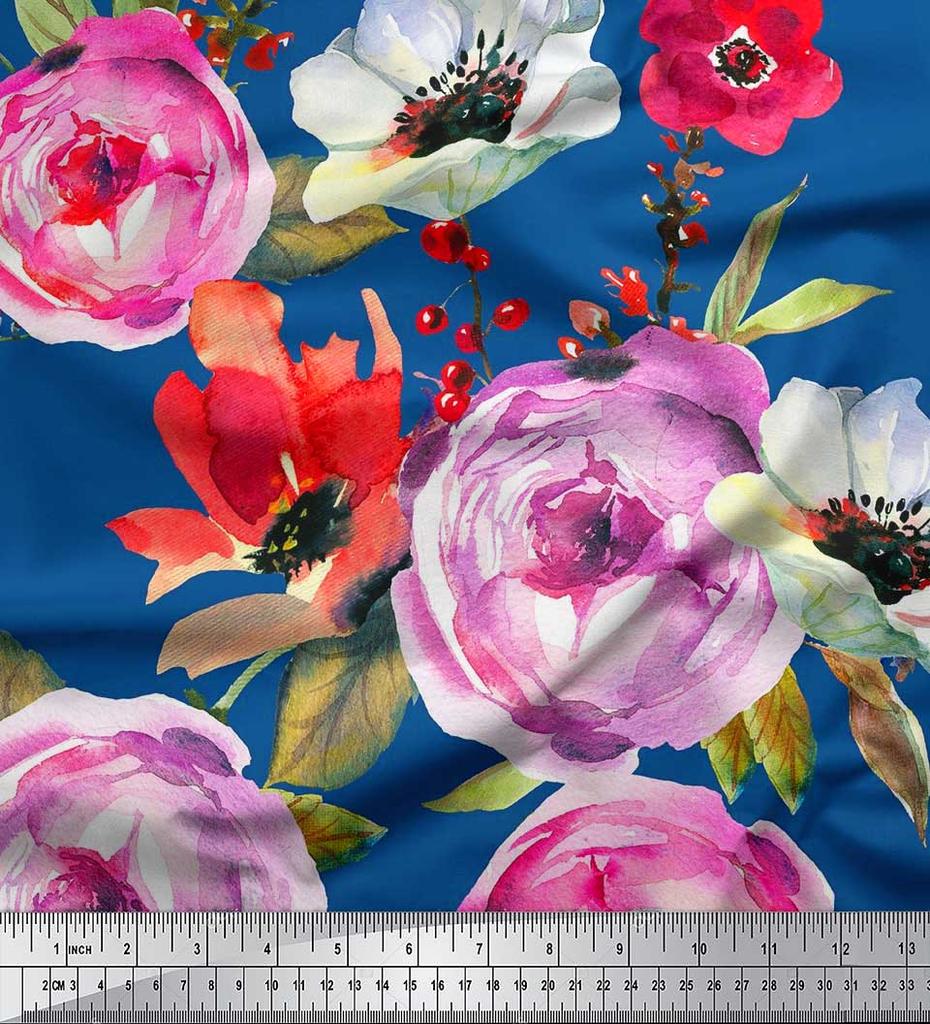 Soimoi Japan Crepe Satin Fabric Leaves,Poppy & Peony Flower Decor Fabric Printed Metre 42 Inch