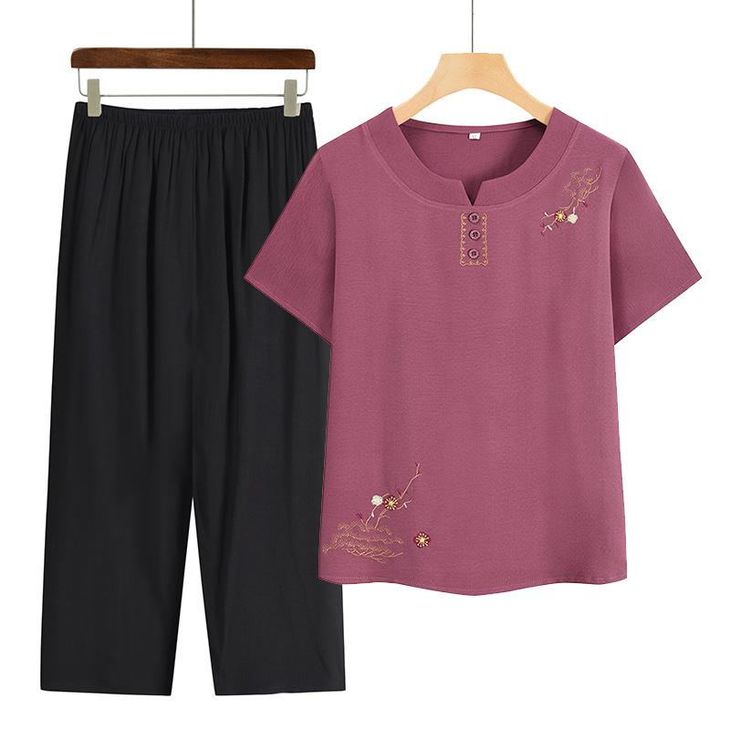 Middle-aged and Elderly Spring and Summer Clothing Casual Thin Short-sleeved + Seven Trousers Two Piece Suit