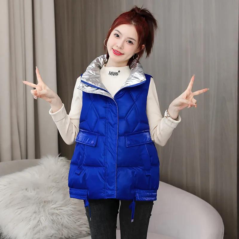 

Осенне-зимний блестящий пуховый хлопковый жилет женский свободный повседневный безрукавный теплый модный жилет женская верхняя одежда парки XS синий