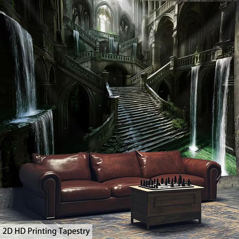 

2D Surreal Gothic Palace Waterfall Tapestry Modern Room Wall Decor 47.2x31.5inch/120*80cm