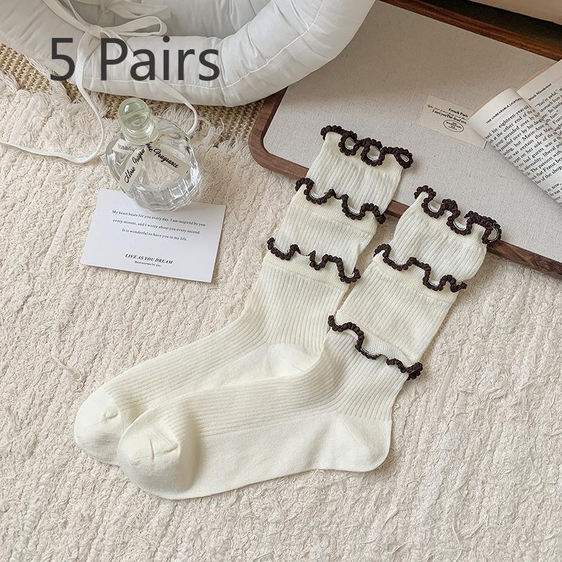 

5 пар женских летних легких кружевных носков из чистого хлопка черного цвета с уплотненными ушками 5 Pairs молочный белый