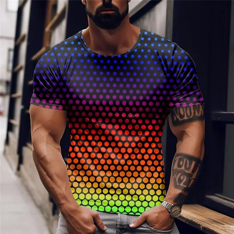 Summer Round Neck 3D Gradient Colorful Print Top Fashionable Casual Short Sleeved Men's T-shirts