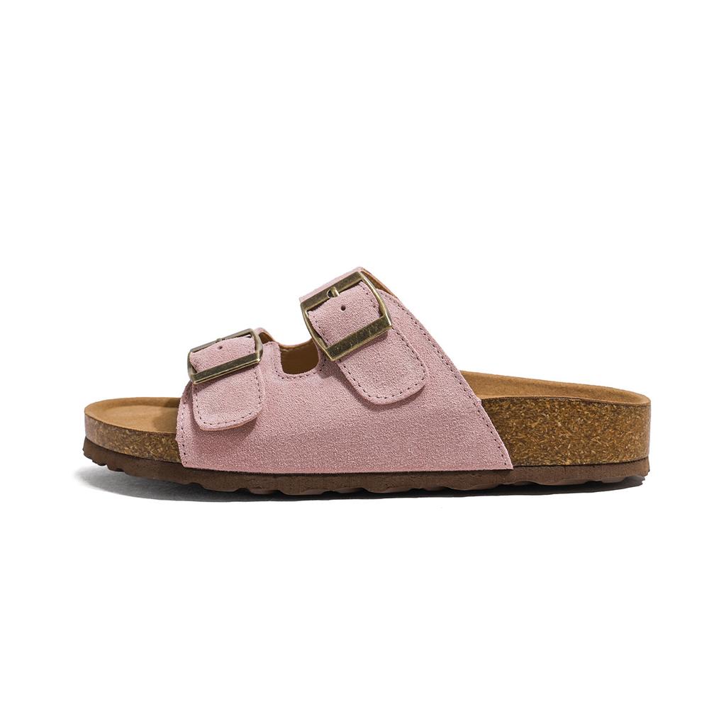 Pink Boken shoes women's genuine leather retro platform double buckle with cork sole soft slippers non-slip beach shoes sandals