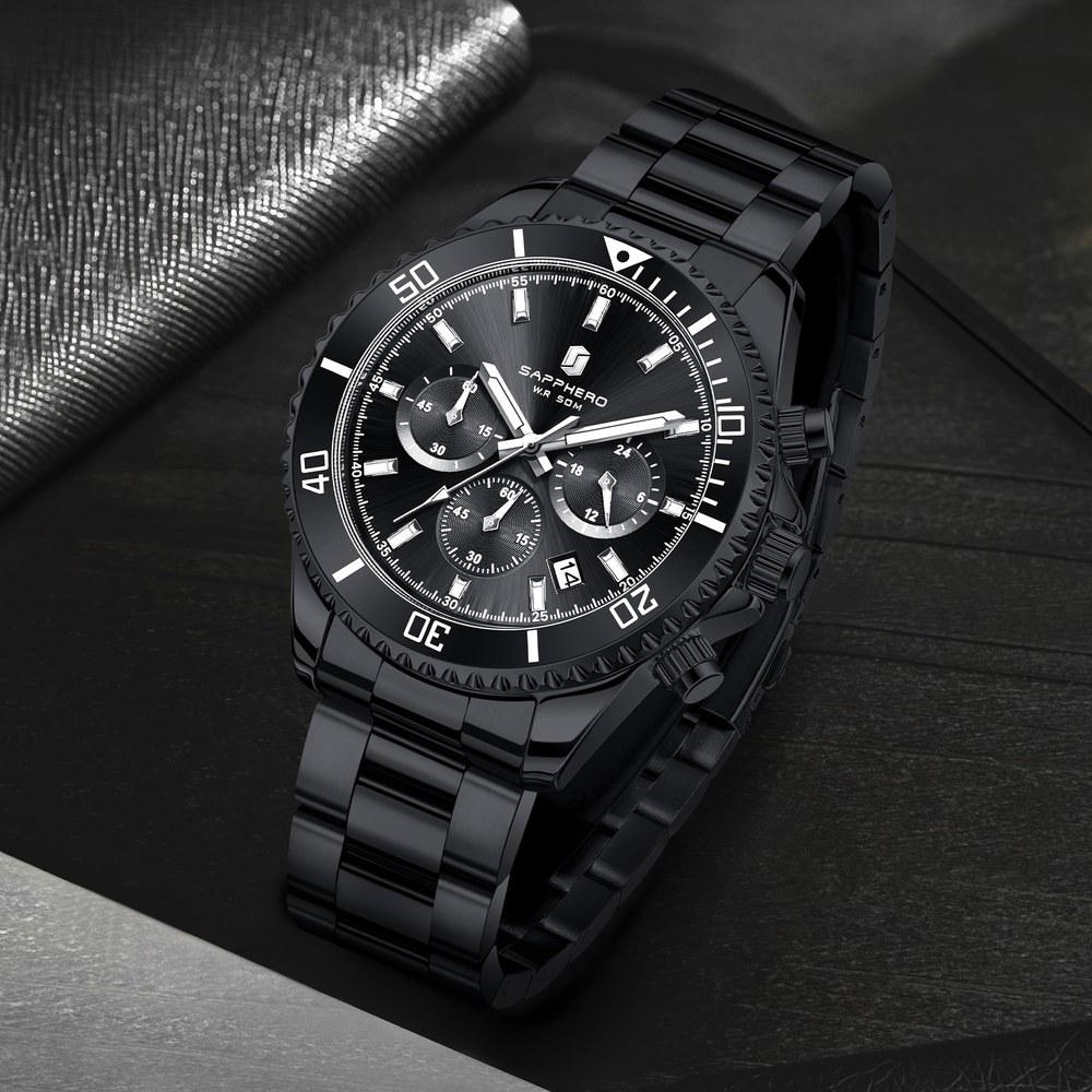 SAPPHERO Men's Analog Wristwatch 7 ATM Water Resistant Luminous Stainless Steel Mineral Glass Business Outdoor Date Chronograph Black Band Black Dial
