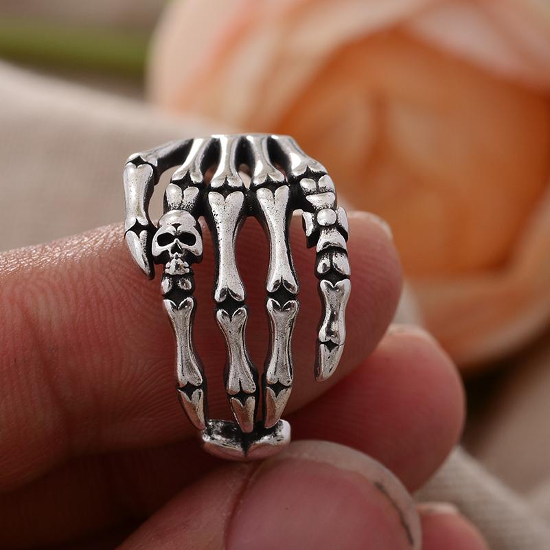 Exaggerated Personality Vintage Skull Head Ghost Claw Thai Silver Unisex Punk Rock Ring For Women Men Gifts No Fade