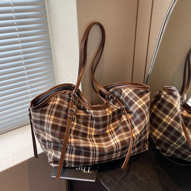 Fashion Plaid Canvas Tote Bag Women's New Versatile Casual Lightweight Shoulder Bag