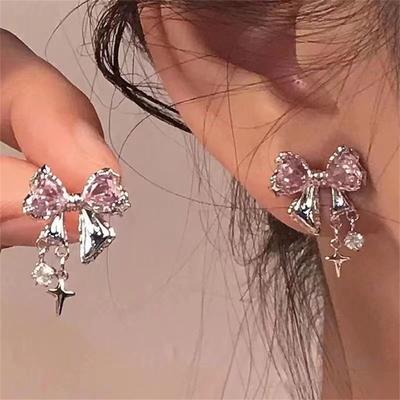 Orecchini a bottone con fiocco per donna, moda coreana, colore argento, rosa, personalità, regali per feste da ragazza