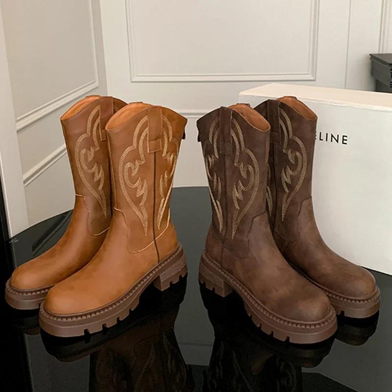Fashion Women Flats Mid Calf Chelsea Boots Winter Fashion Platform Shoes 2024 Designer Trend Dress Goth Boots Cozy Walking Zapatos Mujer