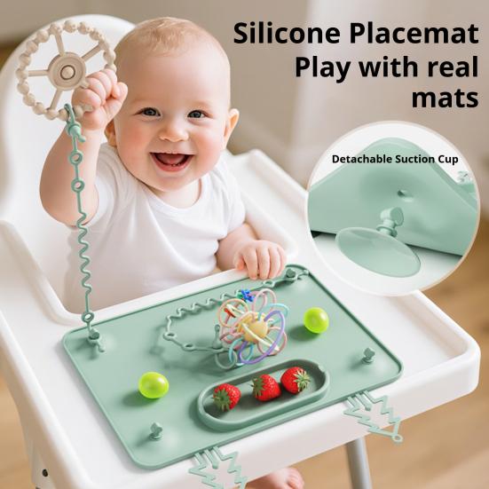 Multi-functional Activity Pad Silicone Baby Placemat with Suction Cup, Toddlers Eating Food Mat Mats Anti-fall Rope, Foldable for Kids Non Slip Table