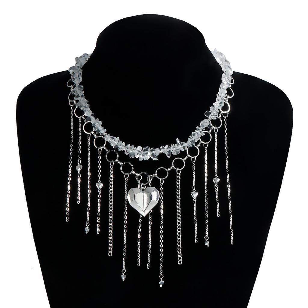 Irregular Natural Stone Heart Pendant Fringe Collarbone Chain Necklace Alloy Lightweight Layering Jewelry For Women