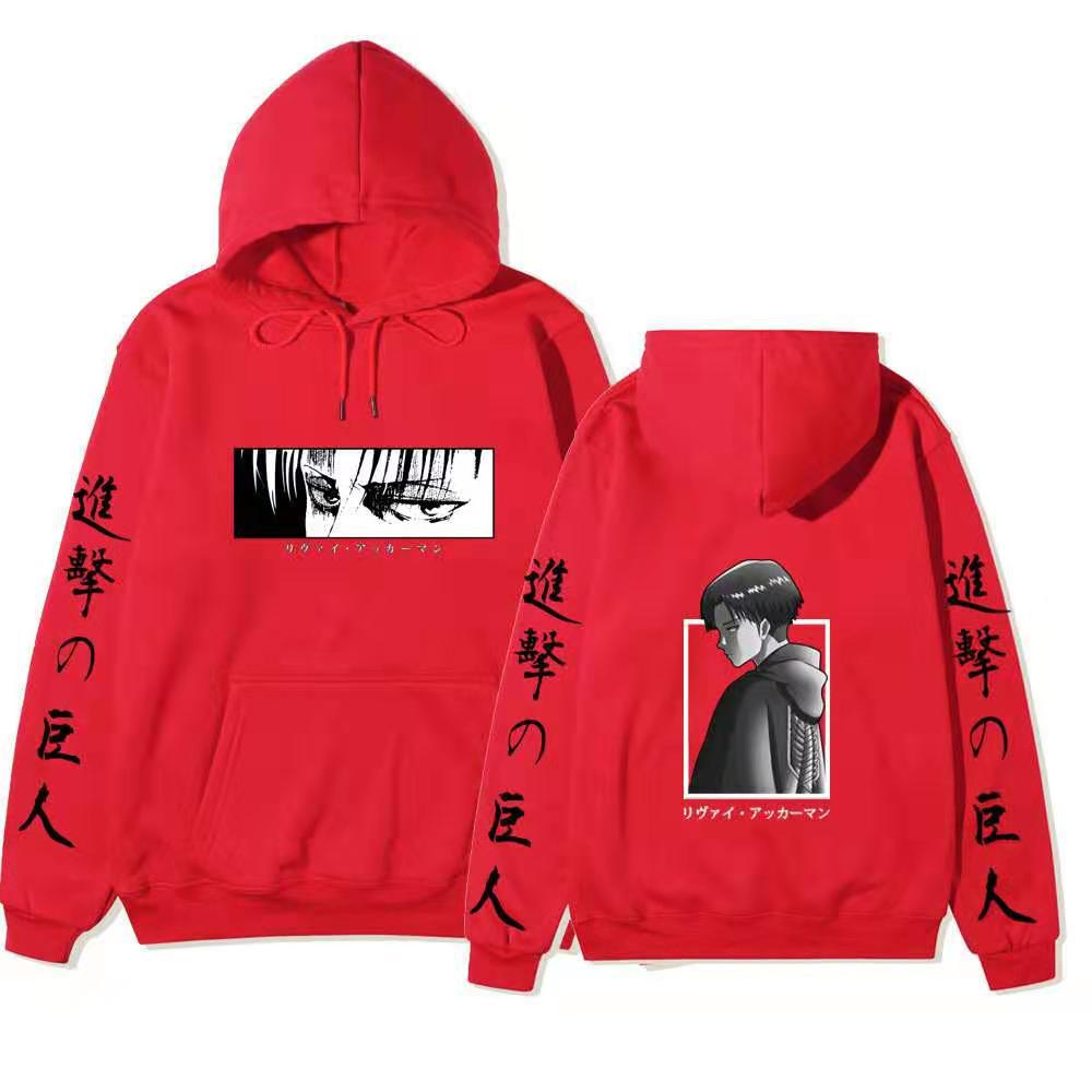 Attack On Titan Levi Ackerman Hoodie Unisex Fleece Sweatshirt Front Manga Eyes Print, Back Levi Portrait, Japanese Sleeve Text Autumn Winter Pullover