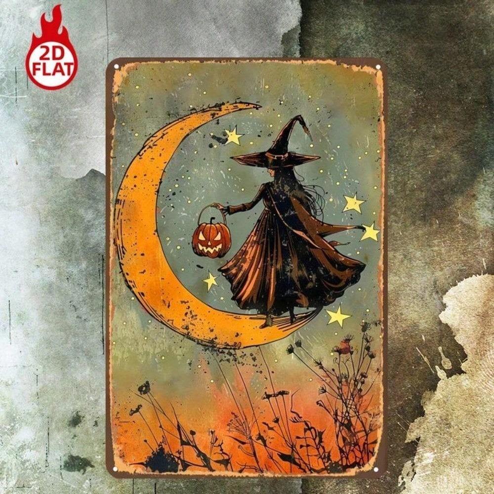 1pc Witch On Crescent Moon Pumpkin Lantern Metal Sign 8x12 Inch 2D Flat Wall Decor For Home Bar G
