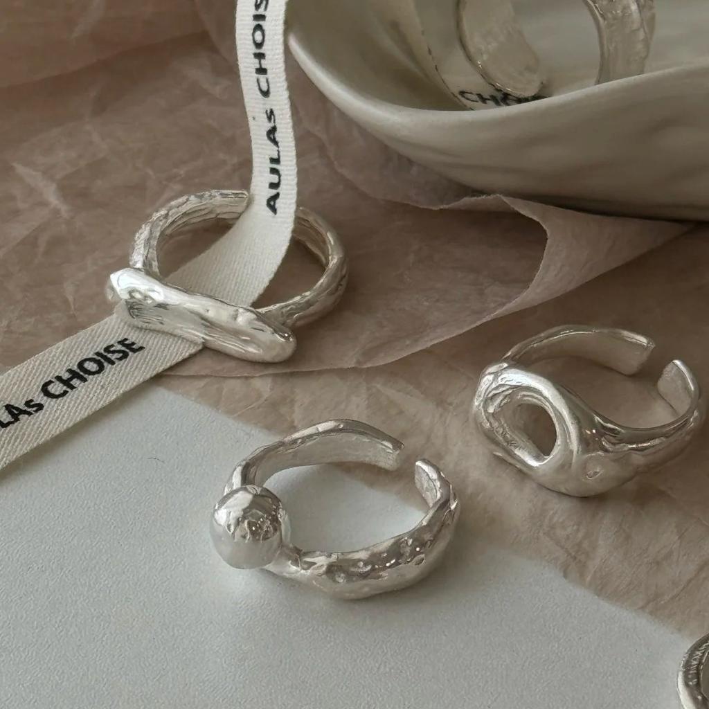 PANJBJ 925 Silver Frosting Geometry Ring for Women Wide Texture Versatile Handmade Ins Jewelry Gift