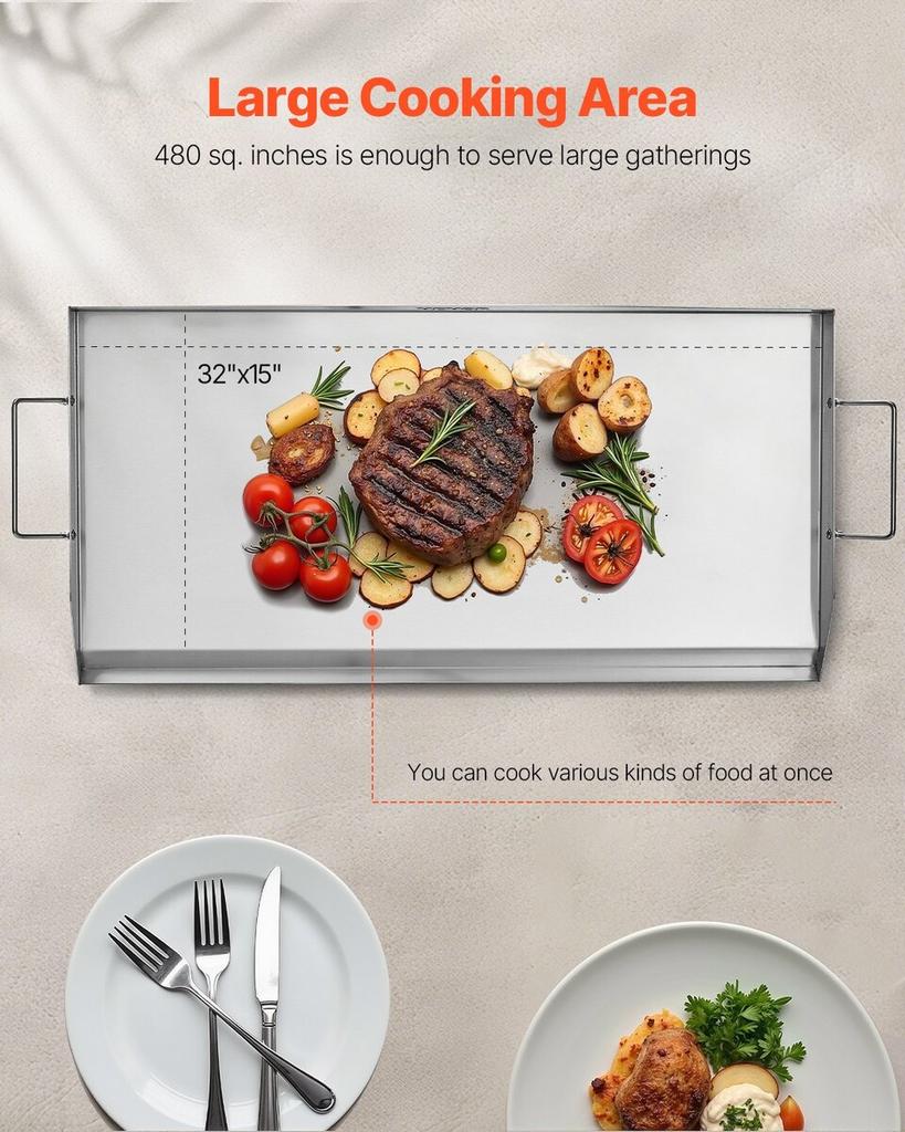 32x16 in Flat Top Griddle Stainless Steel Universal BBQ Grill Pan Cookware