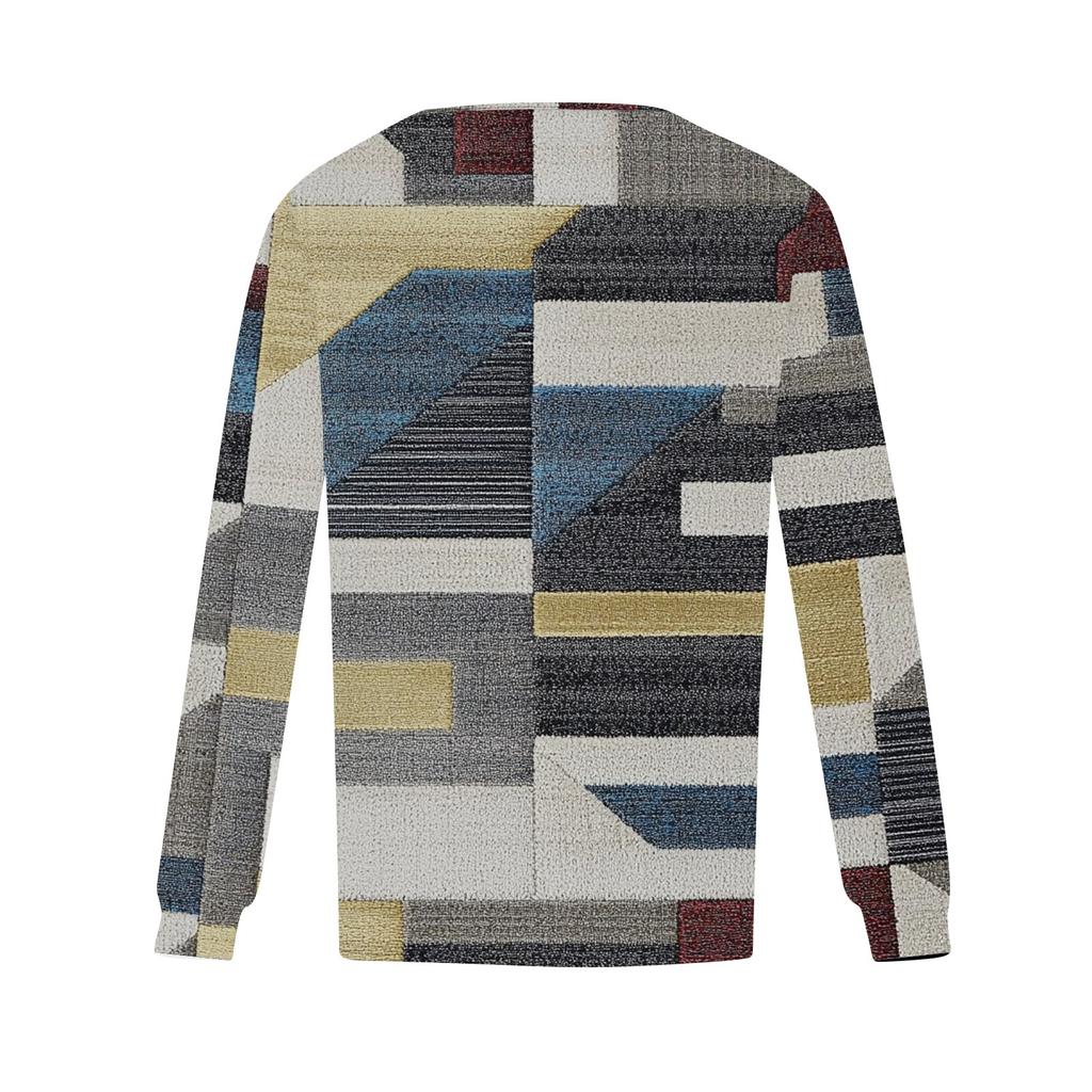 Women's Fashion Casual Pleated Round Neck Geometric Square Print Long Sleeve T-shirt Top