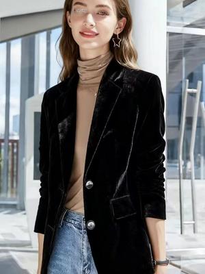 Damen Schwarzer Samt Schmal Geschnitten Lässiger Blazer