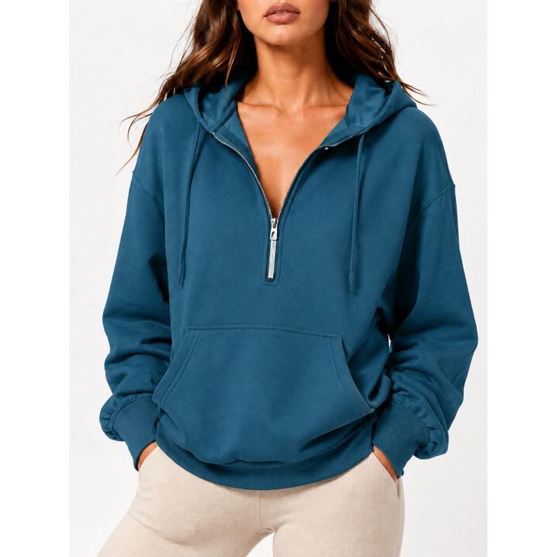 Women S Loose Fit Hooded Half Zip Pocket Casual Sweatshirt