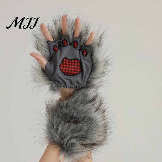 Wolf Paw Plush Gloves Fingerless Warm Fuzzy Animal Cosplay Hand Paws Faux Fur for Halloween Christmas Dress-Up Party Costume Skin-friendly Lining