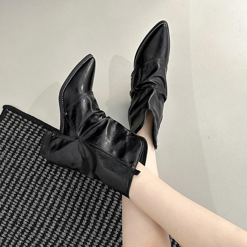 Fashion Comemore Retro Pointed Toe Western Cowboy Boots Women's Shoes New Autumn Thick High Heels Pleated Silp-on Short Pants Tube Botas