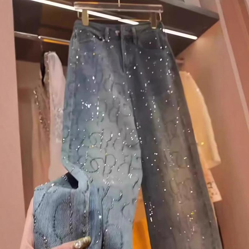 Stamping Diamond Jeans Women Spring Autumn Shiny Rivet Wide Leg Pants Straight Loose Denim Pants