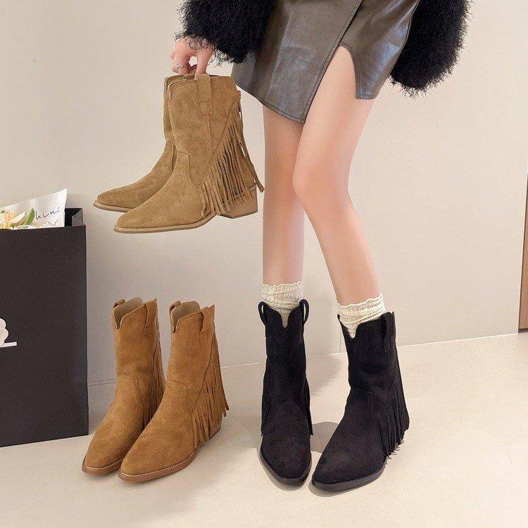 Sheepskin version~ retro western cowboy boots women's 2025 new pointed tassel short boots thick heel medium tube Martin boots