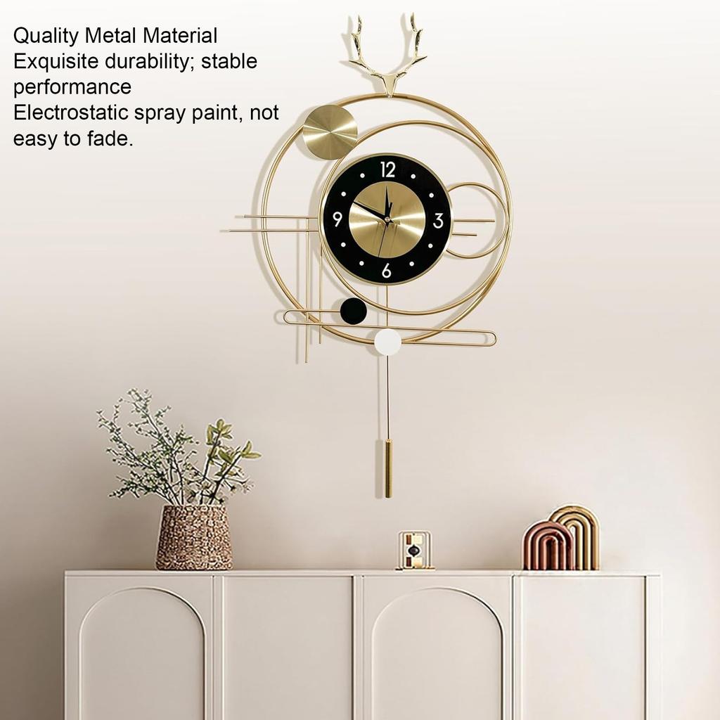 Wall Clock for Living Room Decor Metal Deer Horn Swinging Gold Pendulum Geometric Wall Clock Decor for Office Bedroom