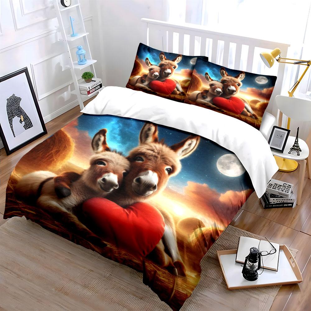 3Pcs Donkey Family Bedding Set, Mother And Baby Donkey With Heart Print Duvet Cover + 2 Pillowcases, Cute Bedroom Decor
