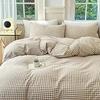 Tan Gingham Grid Duvet Cover Queen 3 Pieces Beige Plaid Duvet Cover 100% Washed Cotton Boho Plaid Comforter Cover with 2