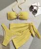Women Three Piece Bikini Set Bandeau Top with Starfish Detail High Waist Bottom and Matching Cover Up Skirt Beachwear Swimwear